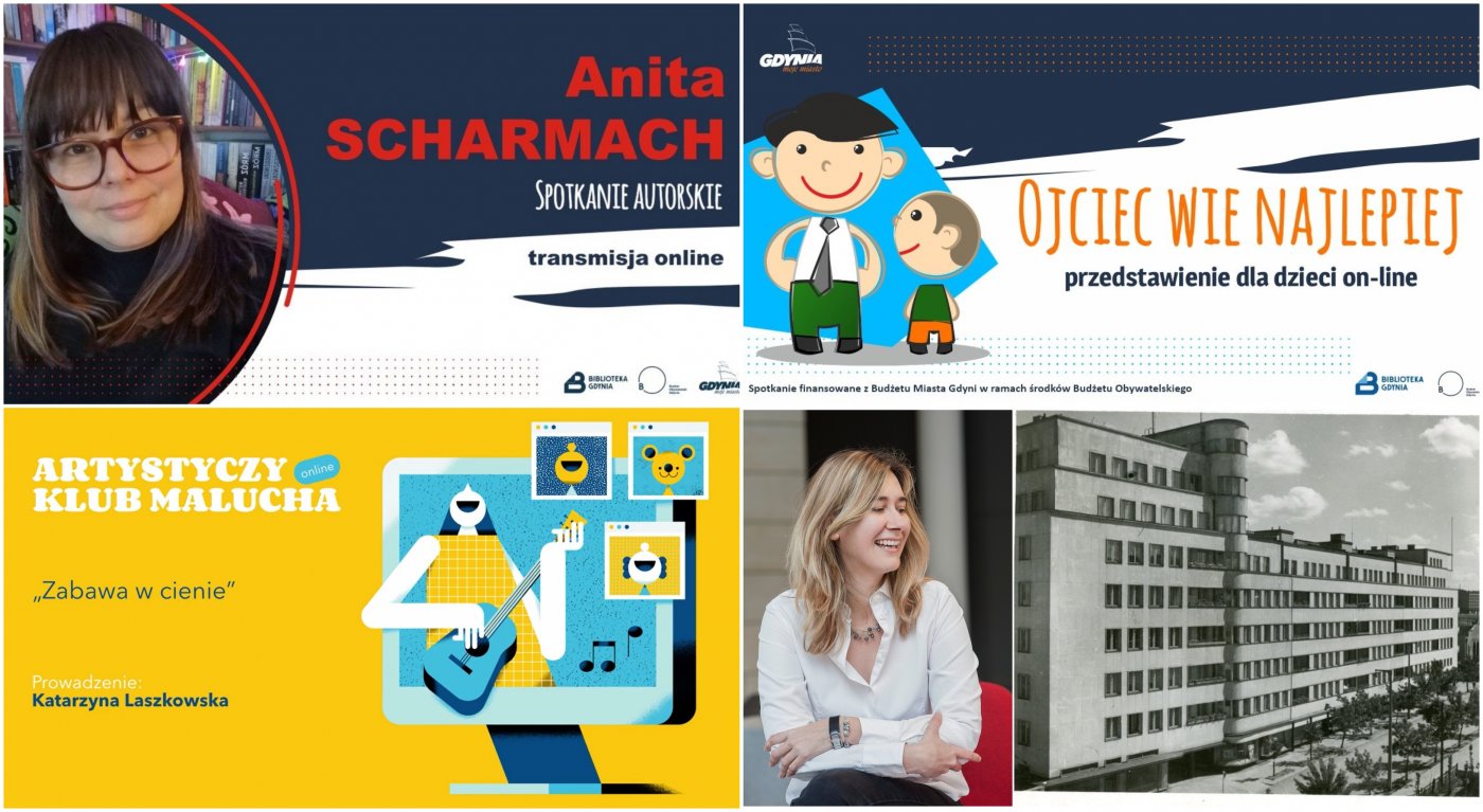 Kolaż zdjęć, od lewego górnego zgodnie z ruchem wskazówek zegara: spotkanie autorskie z Anitą Scharmach, spektakl 