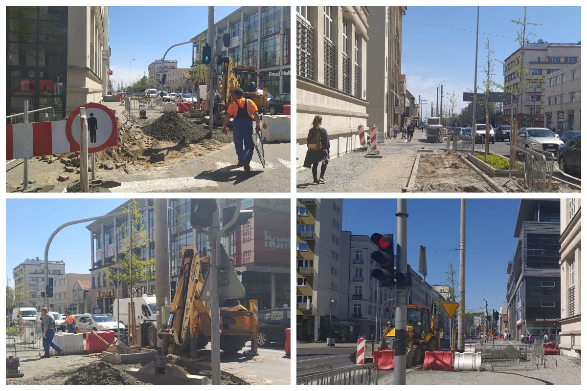 Kolaż przedstawiający prace modernizacyjne na odcinku chodnika wzdłuż ul. 10 Lutego // fot.ZDiZ