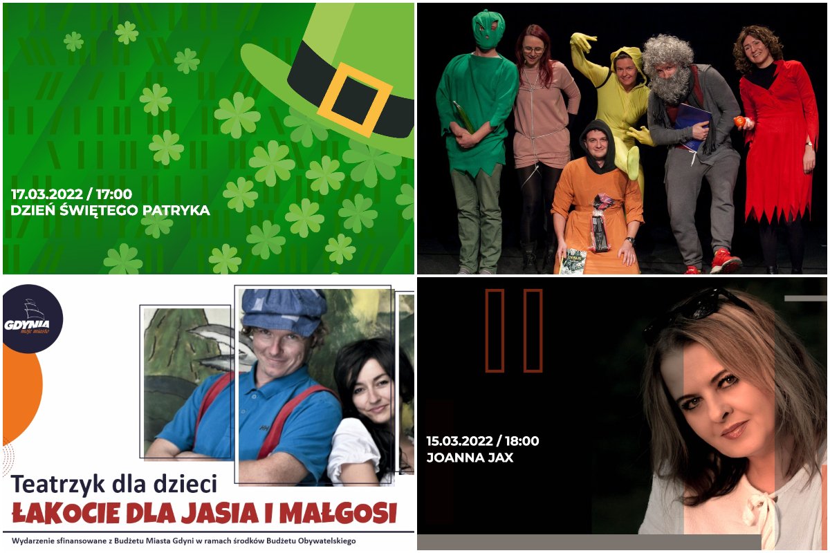 Depesza kulturalna - kolaż zdjęć, od lewego górnego zgodnie z zegarem: Dzień Świętego Patryka w Bibliotece Gdynia; Teatrzyk Bezwstydny w Konsulacie Kultury; spotkanie autorskie z Joanną Jax; teatrzyk dla dzieci 