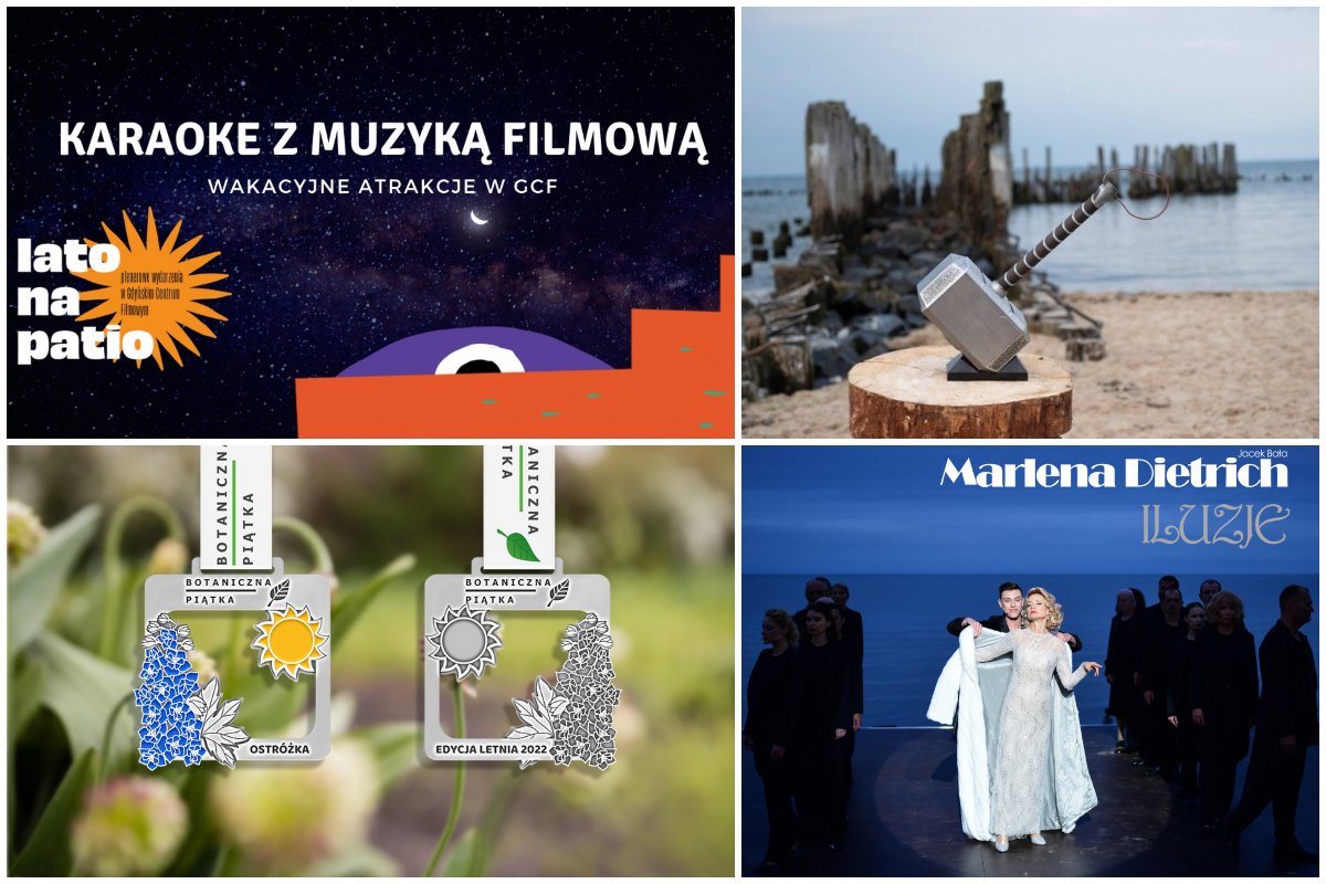 na zdjęciach collage'u scena letnia w Orłowie, młot Thora i torpedownia w tle, grafika lata na patio i medal z ostróżką
