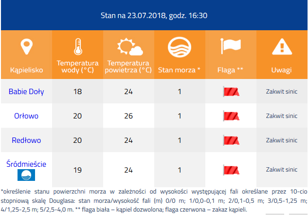 Czerwona flaga na dwóch gdyńskich kąpieliskach // screen z plaze.gdyniasport.pl