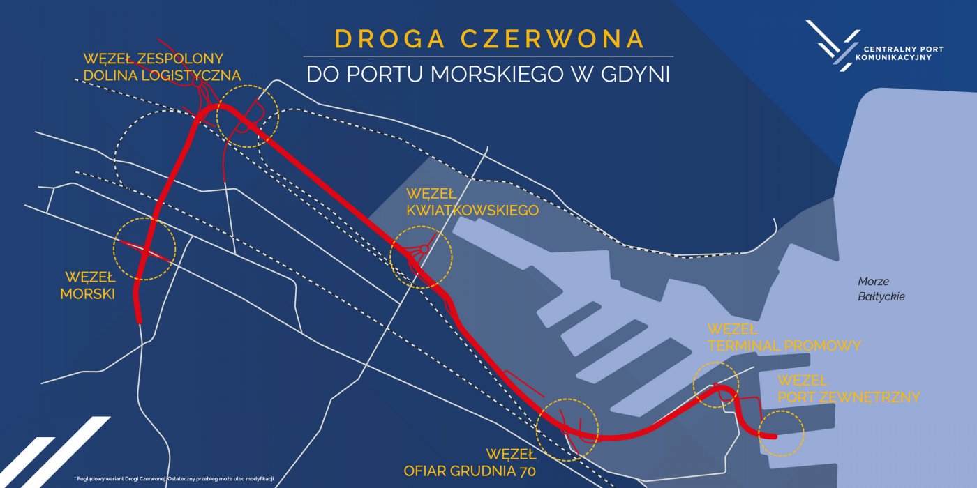 Prace przygotowawcze przed budową Drogi Czerwonej w Gdyni ma sfinansować Centralny Port Komunikacyjny. Rządowa spółka prezentuje wstępny przebieg nowego odcinka prowadzącego do portu, mat. prasowe CPK