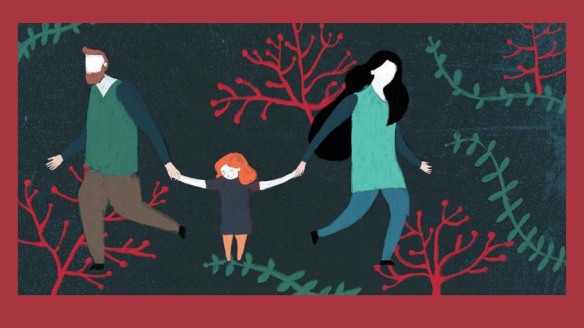 Grafika przedstawiająca na ciemnym tle dziecko trzymające za ręce rodziców, którzy idą w przeciwnych kierunkach