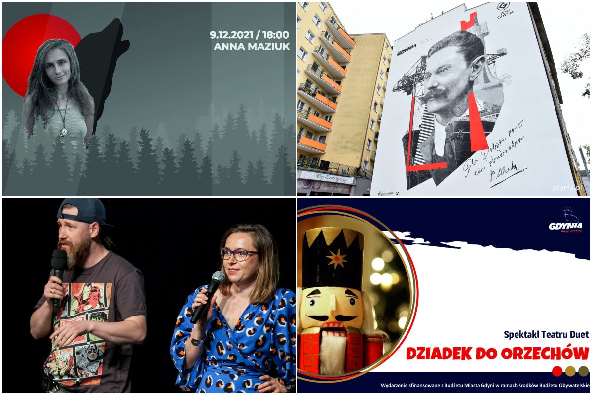 Kolaż zdjęć, od lewego górnego zgodnie z zegarem: spotkanie autorskie z Anną Maziuk w Bibliotece Gdynia; Rok Tadeusza Wendy (fot. Magdalena Czernek); spektakl 