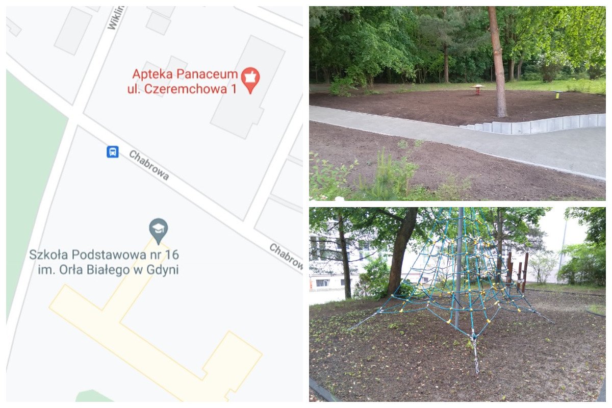 Lokalizacja placu zabaw przy SP nr 16 oraz istniejące urządzenia zabawowe // fot.ZDiZ, googlemaps