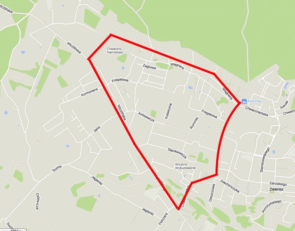 obszar Chwarzna - Wiczlina objęty działaniem projektu // źródlo:mapa googlego