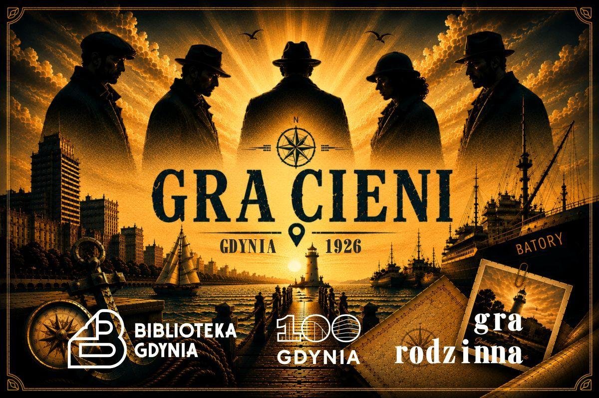 Rodzinna gra miejska Gdynia 1926 – Gra Cieni rozpocznie się w sobotę, 8 sierpnia o godz. 10:00 w Bibliotece Śródmieście (ul. Władysława IV 7-15) (grafika mat. prasowe Biblioteki Gdynia)