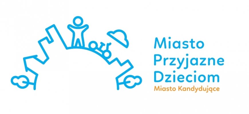 na białym tle niebieska kreska zarysu kuli ziemskiej z postacią człowieka, po prawej napis: MIASTO PRZYJAZNE DZIECIOM, Miasto Kandydujące