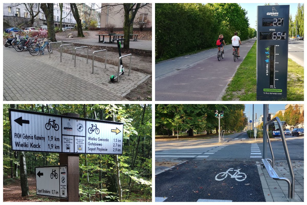 Kolaż zdjęć: stojaki rowerowe, licznik rowerowy, drogowskaz, ścieżka rowerowa z podpórką // fot. ZDiZ