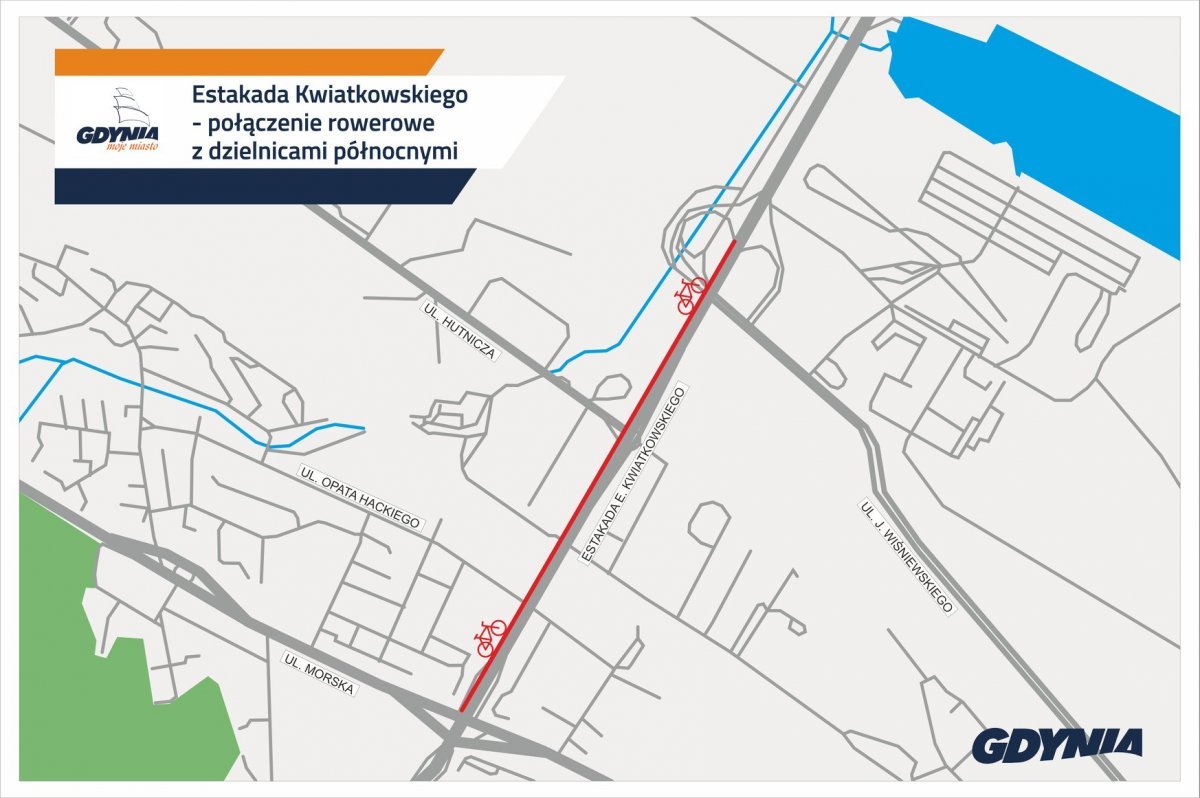 Estakada Kwiatkowskiego – połączenie rowerowe z dzielnicami północnymi, grafika z zakresem inwestycji