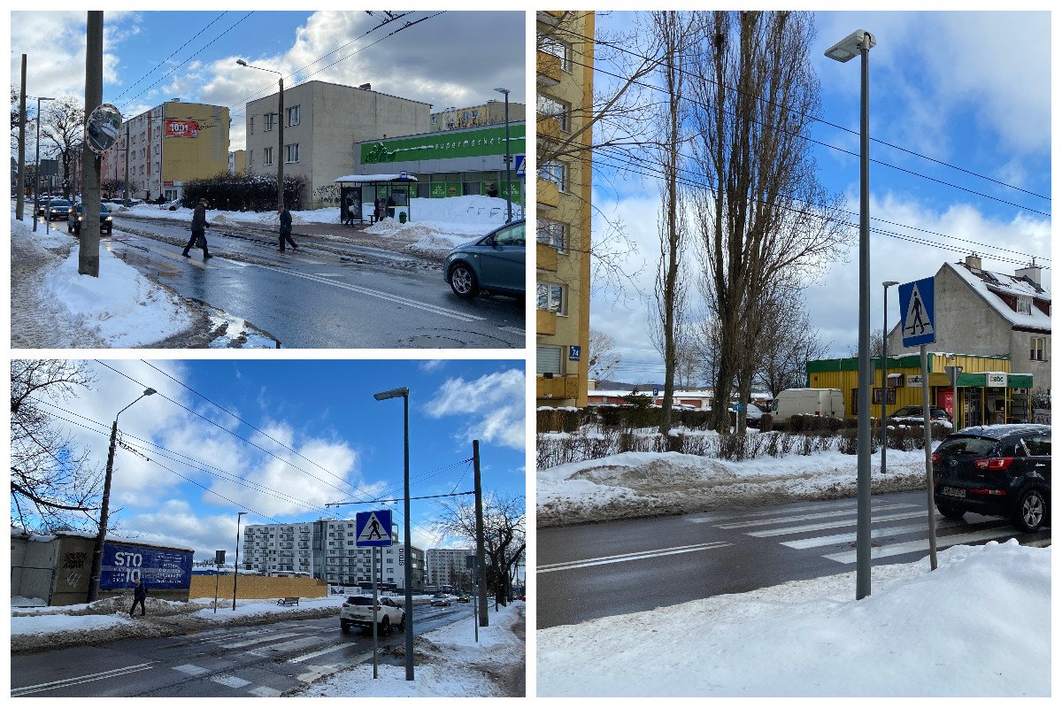 Kolaż zdjęć: nowe latarnie LED przy przejściach dla pieszych na ul. Chylonskiej // fot. ZDIZ