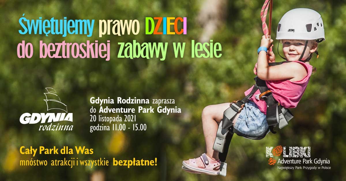 Na zielonym tle po prawej stronie dziewczynka w kasku i uprzęży zjeżdża na tzw. tyrolce. Pod nią logo Kolibki Adventure Park. Po lewej od góry hasło: 