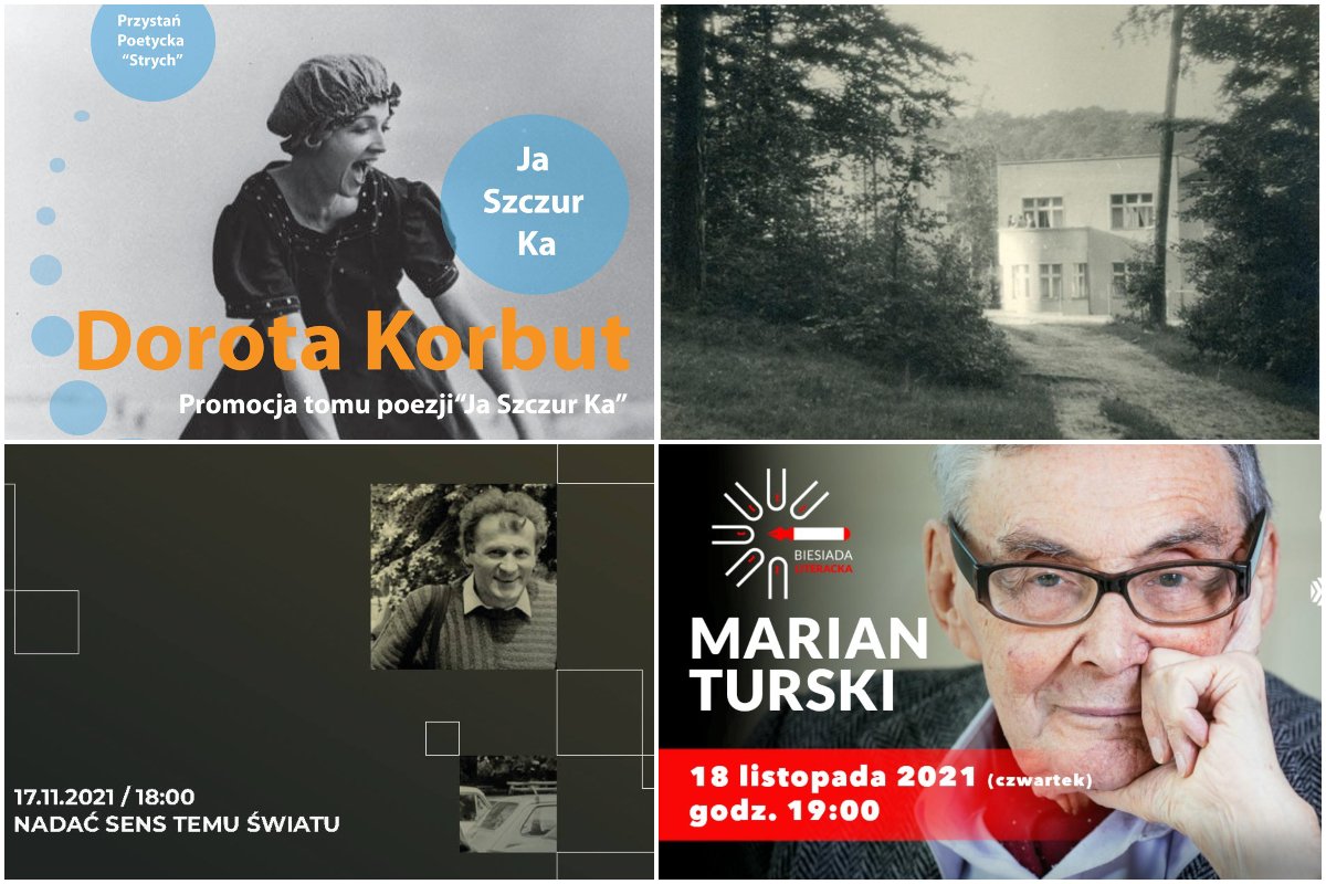 Kolaż zdjęć, od lewego górnego zgodnie z zegarem: Ja Szczur Ka na Strychu - spotkanie poetyckie; fotografia Tadeusza Wańskiego; Biesiada Literacka z Marianem Turskim, spotkanie literackie poświęcone Henrykowi Wujcowi. Źródło: materiały organizatorów 