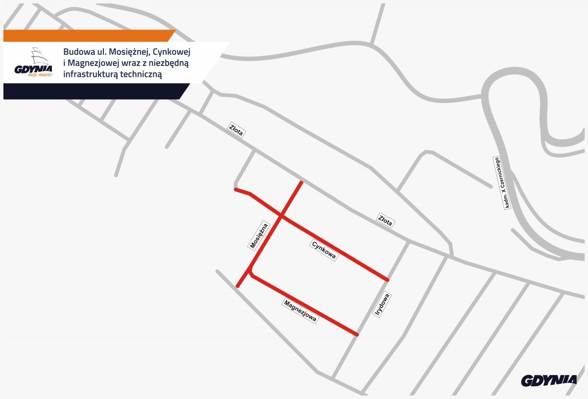 Nowa infrastruktura drogowa na Pogórzu. Mapa z zakresem realizacji inwestycji, wyróżnione ulice Mosiężna, Cynkowa i Magnezjowa w dzielnicy Pogórze// mat.prasowe UM Gdyni