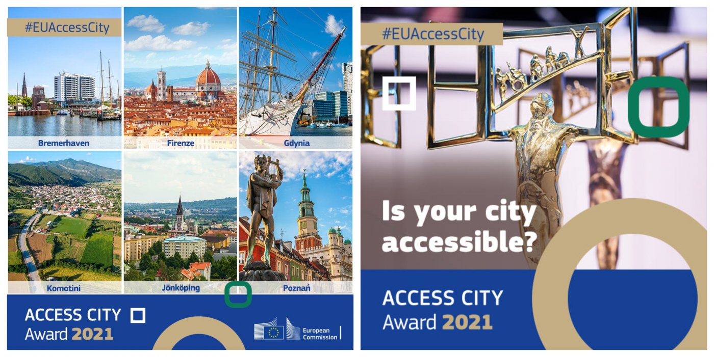 Kolaż zdjęć: sześć finałowych miast konkursu Access City Award 2021 - Gdynia, Poznań, Bremerhaven, Florencja, Jönköping, Komotini; statuetka przyznawana jako nagroda Access City Award. Źródło: Access City Award