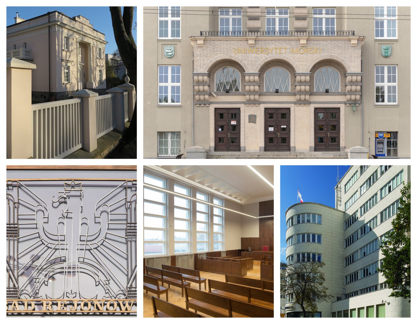 Na zdjęciach odrestaurowane zabytki: willa Sokola, odrestaurowane wejście do Uniwersytetu Morskiego, neon z fasady Sądu Rejonowego, sala rozpraw sądu rejonowego, budynek PLO