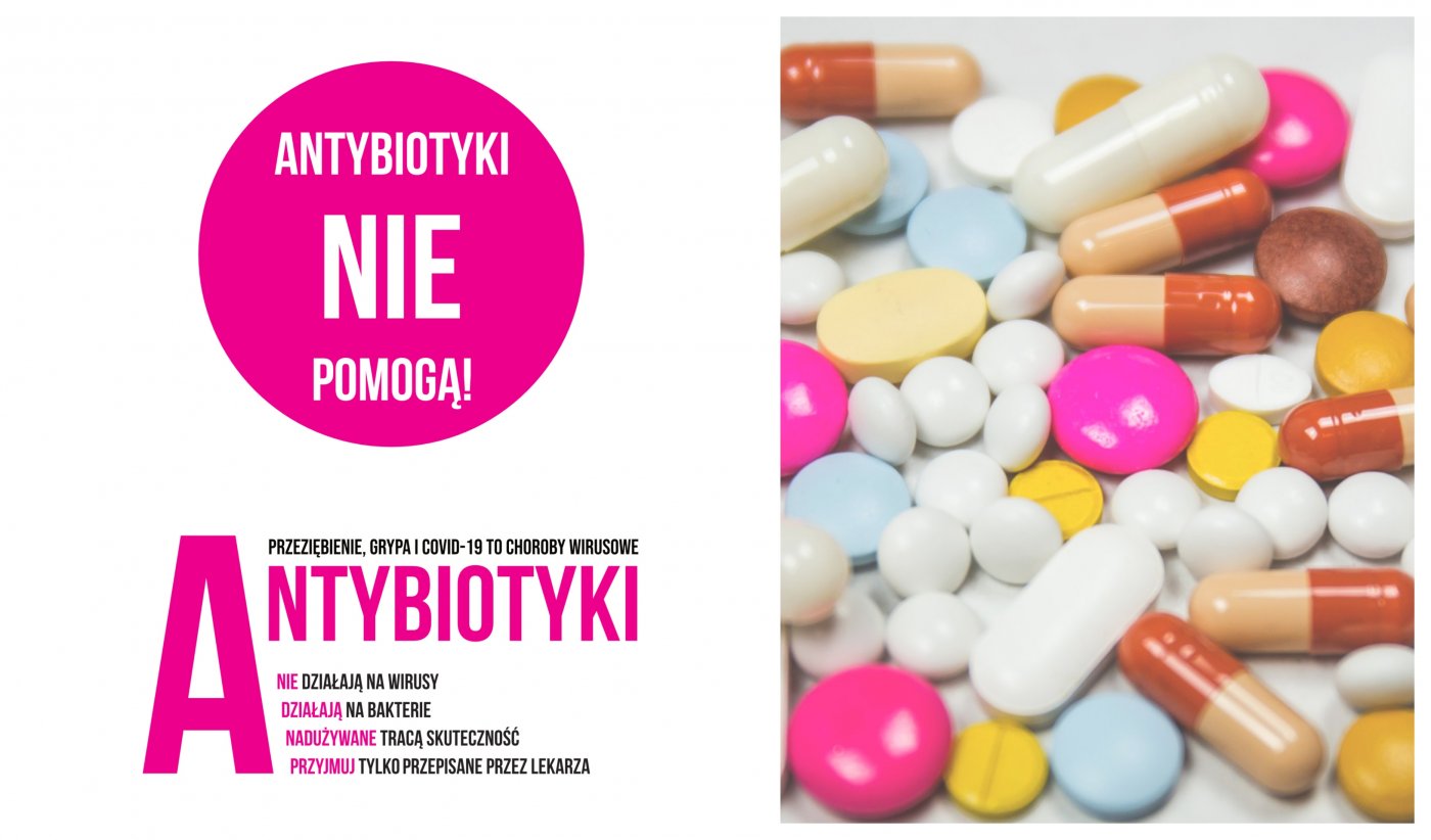 Grafika kampanii Europejski Dzień Wiedzy o Antybiotykach 2020. Antybiotyki nie pomogą. Przeziębienie, grypa i Covid-19 to choroby wirusowe. Antybiotyki nie działają na wirusy, działają na bakterie, nadużywane tracą skuteczność, należy przyjmować tylko antybiotyki przepisane przez lekarza. Mat. GCZ