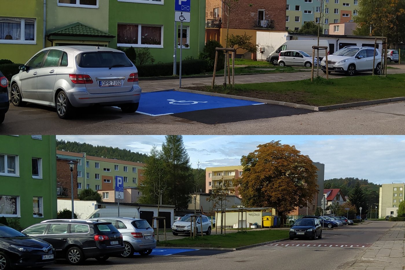 chodnik, próg zwalniający oraz miejsce postojowe dla osób z niepełnosprawnościami, kolaż zdjęć