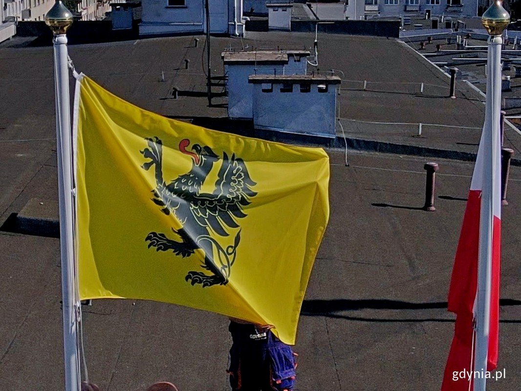 Pomorska flaga na jednym z masztów Urzędu Miasta Gdynia (fot. Konrad Maćkowiak)