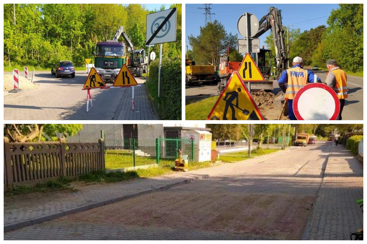 Kolaż zdjęć: nowy próg zwalniający na ul. Halickiej oraz trwające prace modernizacyjne chodnika // fot. ZDiZ