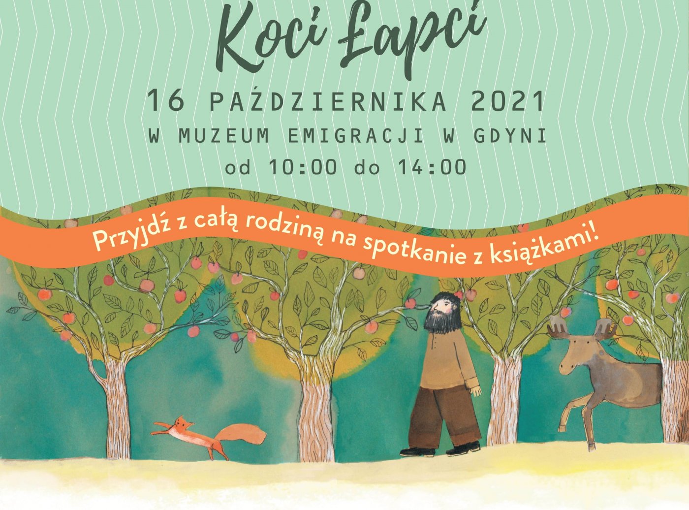 Część plakatu promującego Festiwal, zawierający datę i godzinę, oraz ilustracjż z książeczki gdynieczki, na której jest Zbój Bernard w lesie i zwierzęta.