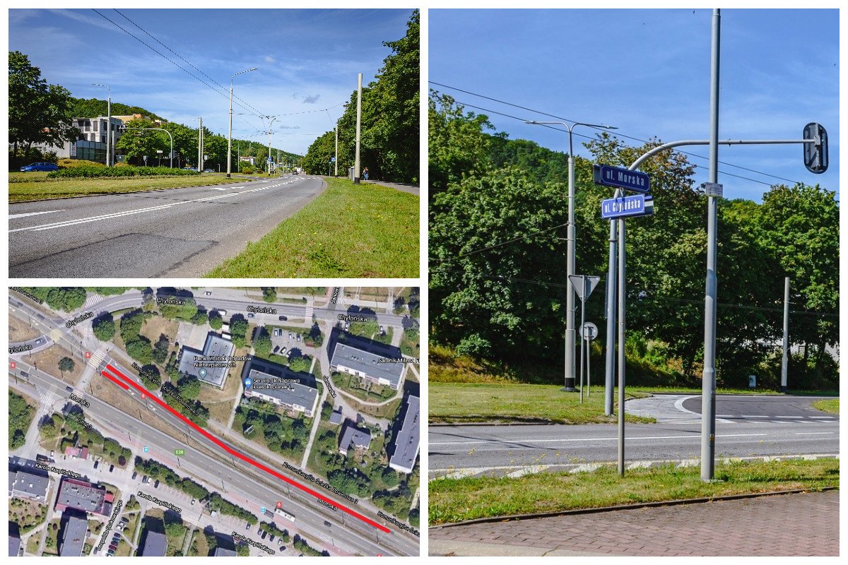 Zaznaczony na czerwono odcinek ul. Morskiej, który będzie remontowany, znak drogowy z nazwą ulic: Morska i Chylońska, nawierzchnia jezdni i pas zieleni // fot. #DzielnicewGdyni