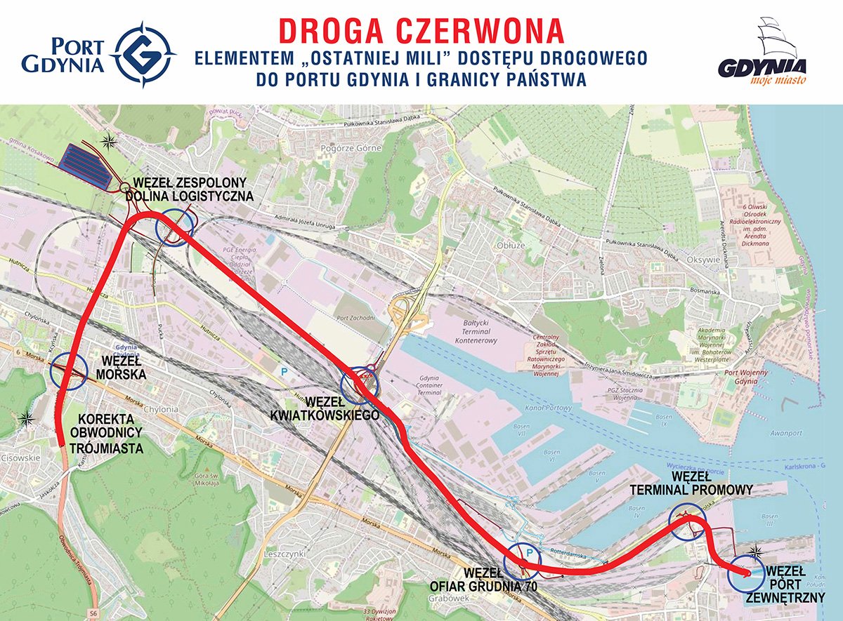 Planowany przebieg Drogi Czerwonej według porozumienia Portu Gdynia i miasta Gdyni z listopada 2020 roku, mat. prasowe Portu Gdynia