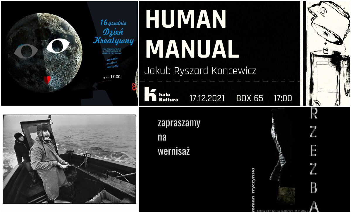 Kolaż zdjęć, od lewego górnego zgodnie z zegarem: Dzień Kreatywny na Halach Targowych; Human Manual - wernisaż Jakuba Ryszarda Koncewicza; Rzeźba - wernisaż Romana Tryczyńskiego; Orłowscy rybacy - Przegląd Filmów i Fotograffi Morskich (fot. Eugeniusz Nużyński). Źródło: materiały promocyjne organizatorów