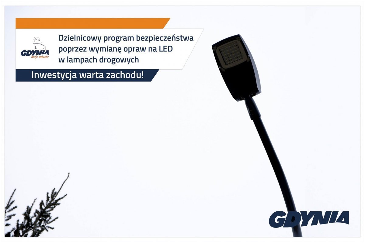 W Gdyni będzie jaśniej, na grafice oprawa led i nazwa programu pt. Dzielnicowy prigram bezpieczeństwa poprzez wymianę opraw LED w lampach drogowych