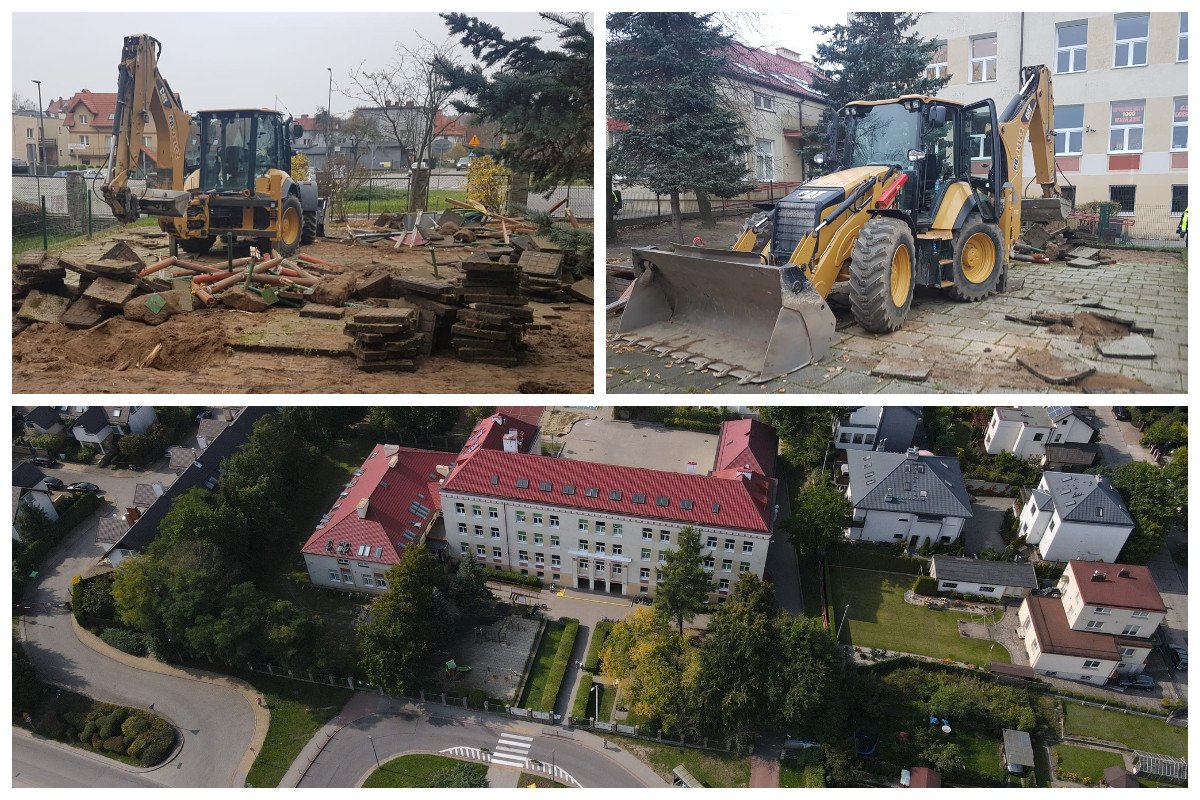 Żółte koparki na terenie placu zabaw i budynek szkoły z lotu ptaka // fot. ZDiZ, #DzielnicewGdyni