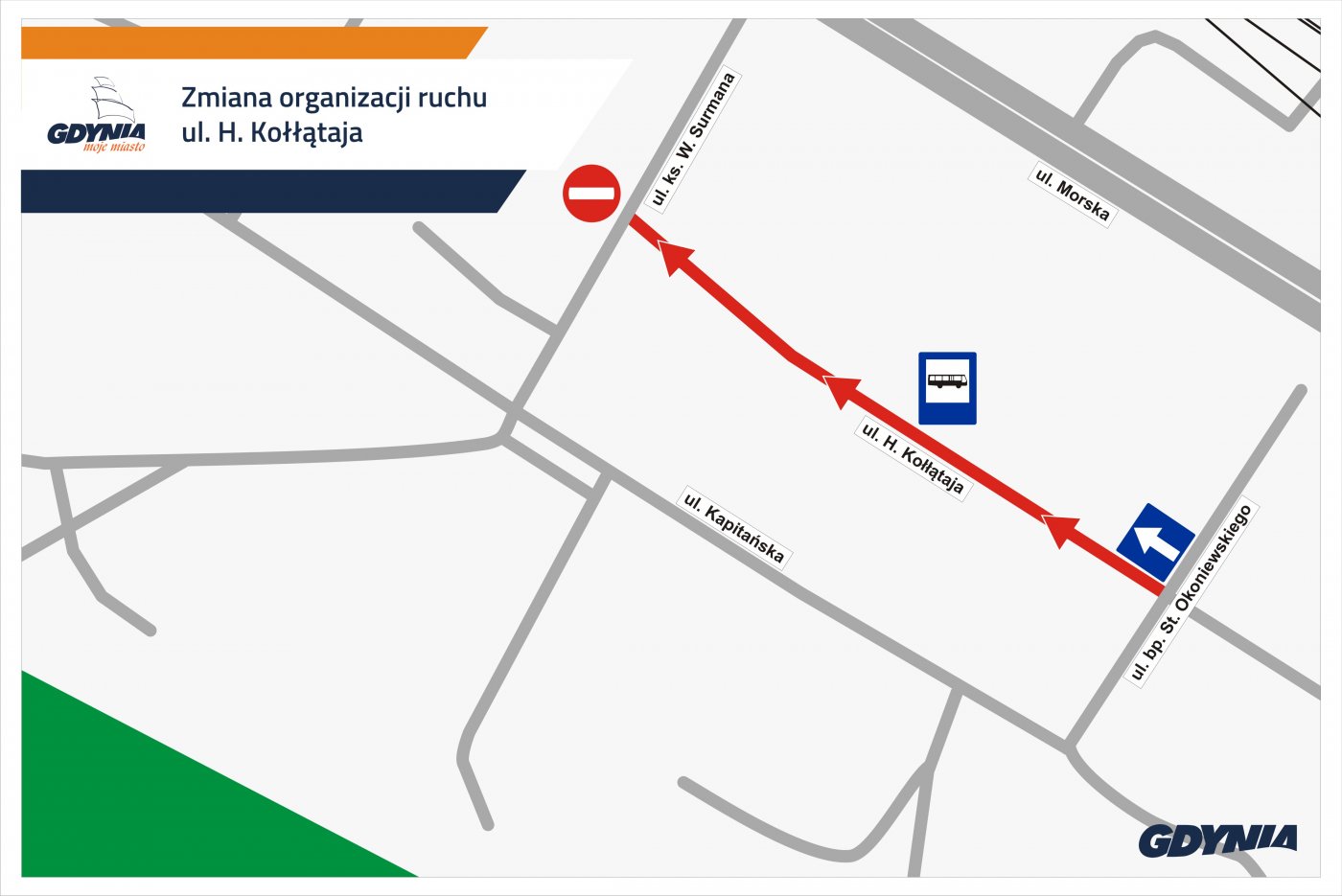 Mapka przedstawiająca nową, jednokierunkową organizację ruchu na odcinku ul. Kołłątaja // mat.pras. #dzielnicewGdyni