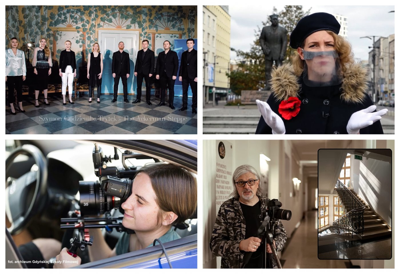 Kolaż zdjęć, od lewego górnego zgodnie z zegarem: koncert Art'n'Voices, historia gdyńskiej mody według Agaty Braun, poradnik fotograficzny Lecha Żurka, tajniki pracy operatorki filmowej Weroniki Bilskiej. Źródło: zrzuty z ekranu