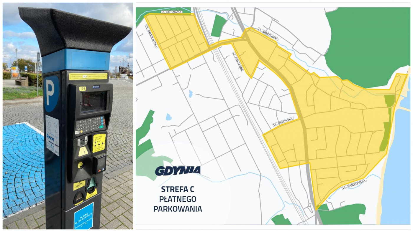 Na zdj. parkomat i mapa strefy C, kóra obejmie Orłowo // mat.pras ZDIZ
