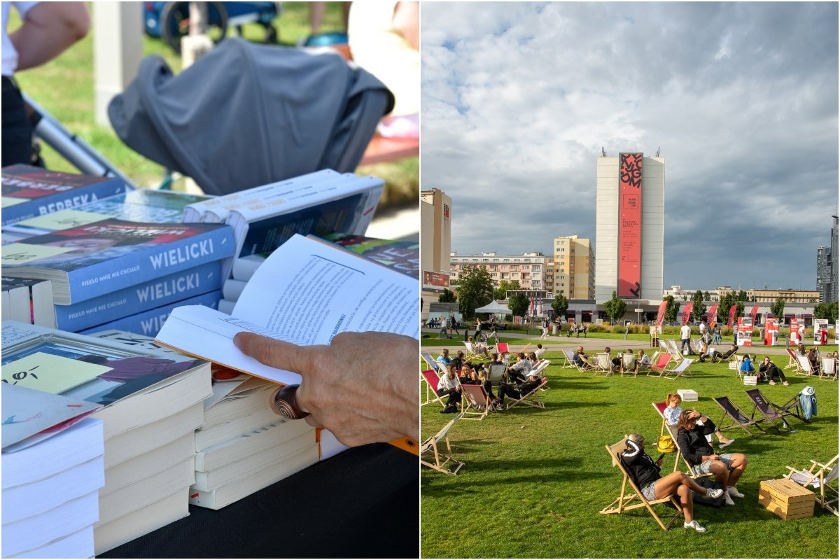 Kolaż zdjęć. Po lewej: jedno ze stoisk wydawnicznych na Plenerze Literackim (zdjęcie archiwalne, fot. Magdalena Czernek). Po prawej: uczestnicy festiwalu Miasto Słowa na leżakach ustawionych przed sceną na placu Grunwaldzkim (zdjęcie archiwalne, fot. Anna Rezulak)