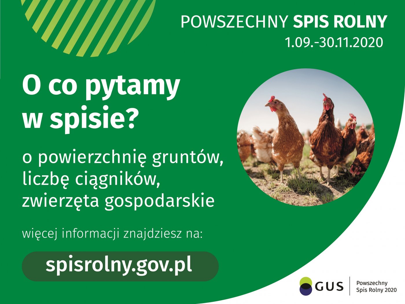 Powszechny Spis Rolny  01.09-30.11.2020
O co pytamy w spisie? 
o powierzchnię gruntów, liczbę ciągników, zwierzęta gospodarcze

Więcej informacji znajdziesz na:
spisrolny.gov.pl