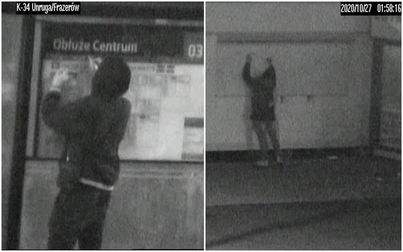 Dwa kadry z zapisu ulicznego monitoringu, widoczni mężczyźni piszący po przystanku autobusowym oraz ścianie budynku.