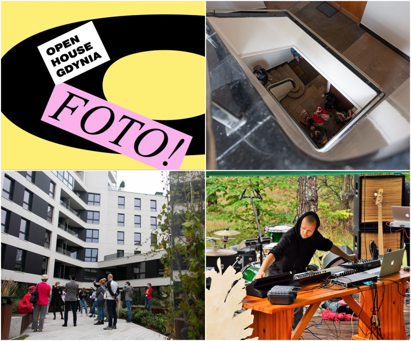 Open House Gdynia to festiwal architektury i designu. U góry po lewej: grafika festiwalu Open House Gdynia. U góry po prawej: klatka schodowa jednej z gdyńskich kamienic (fot. Kuba Kujawa). Na dole po lewej: osiedle Portova (fot. tomek Lelito). Na dole po prawej: plenerowy koncert (fot. Kuba Kujawa)