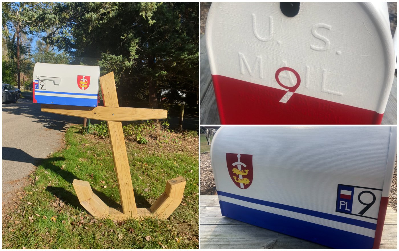 Skrzynka w barwach gdyńskiej flagi i jej podstawa w kształcie kotwicy stanęły przy jednej z posesji w stanie Rhode Island, fot. Rod Smith