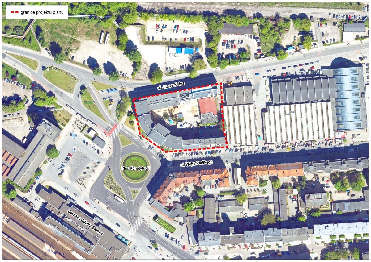 Obszar objęty planem (ortofotomapa, mat. Biura Planowania Przestrzennego Miasta Gdyni)