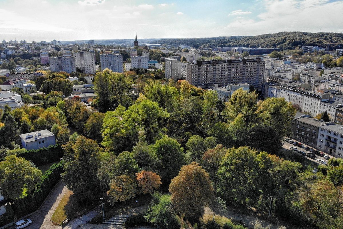 Panorama Gdyni z lotu ptaka - zieleń oraz budynki mieszkalne