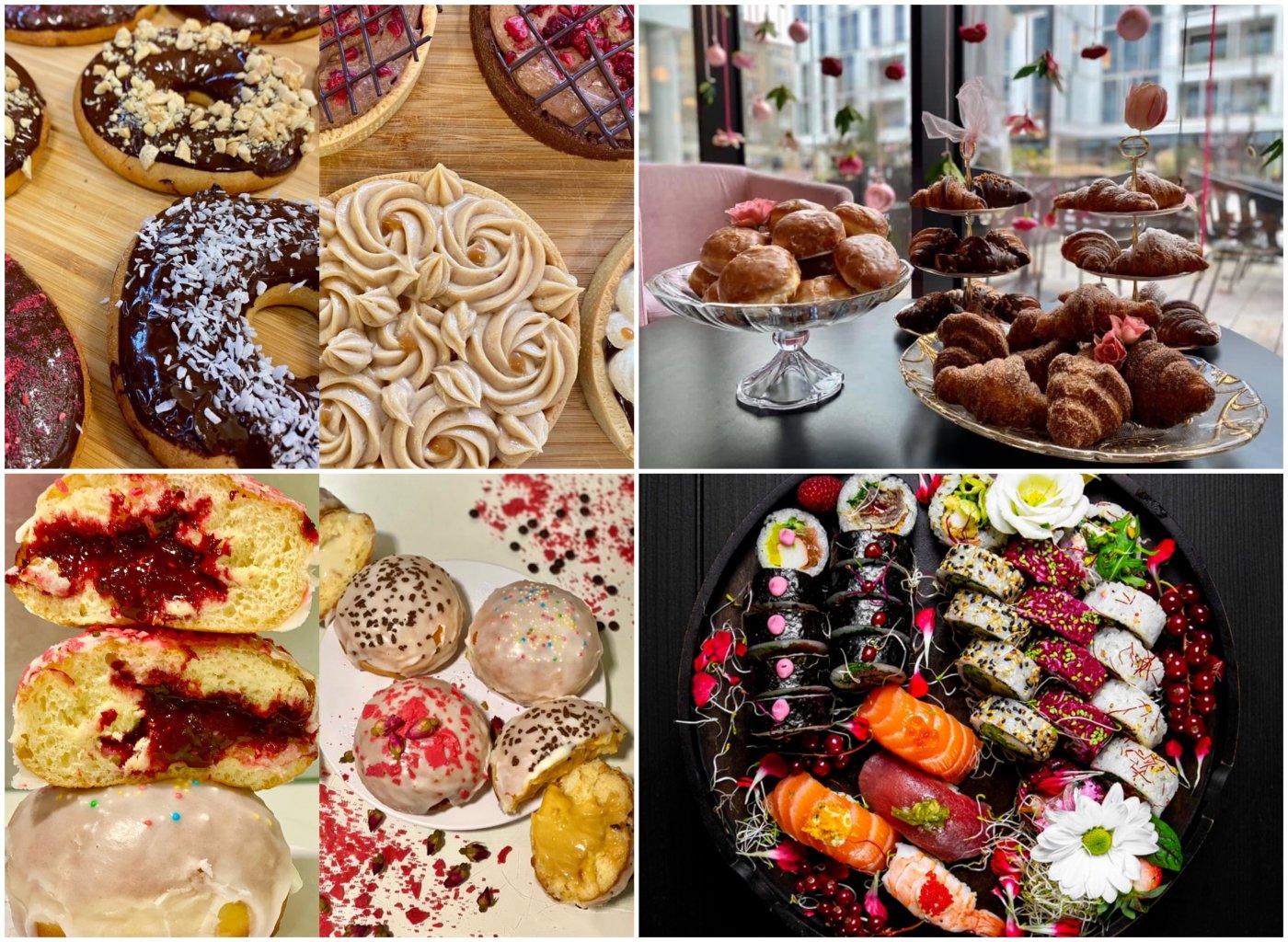 Kolaż zdjęć, od lewego górnego zgodnie z zegarem: donaty i tartaletki z Oficyna Gdynia, pączki i croissanty z Rosse Rosse, zestaw sushi z Sushi Kushi, pączki z cukierni Więcej.