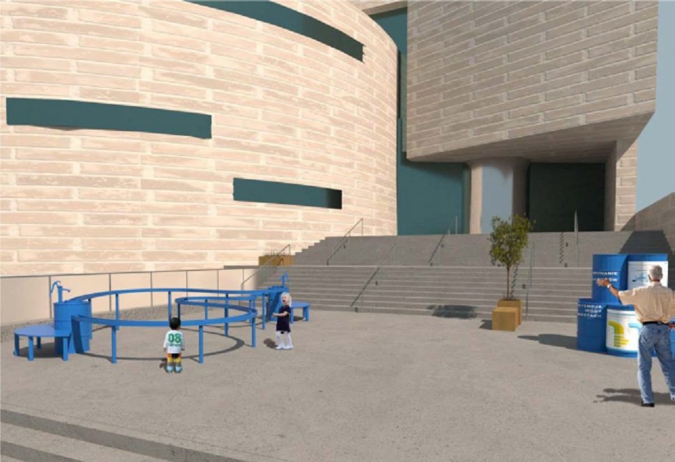 Trójwymiarowa wizualizacja, Muzeum Miasta Gdyni, schody przed budynkiem, niebieska instalacja z rynien i poręczy, obok dwoje ludzi