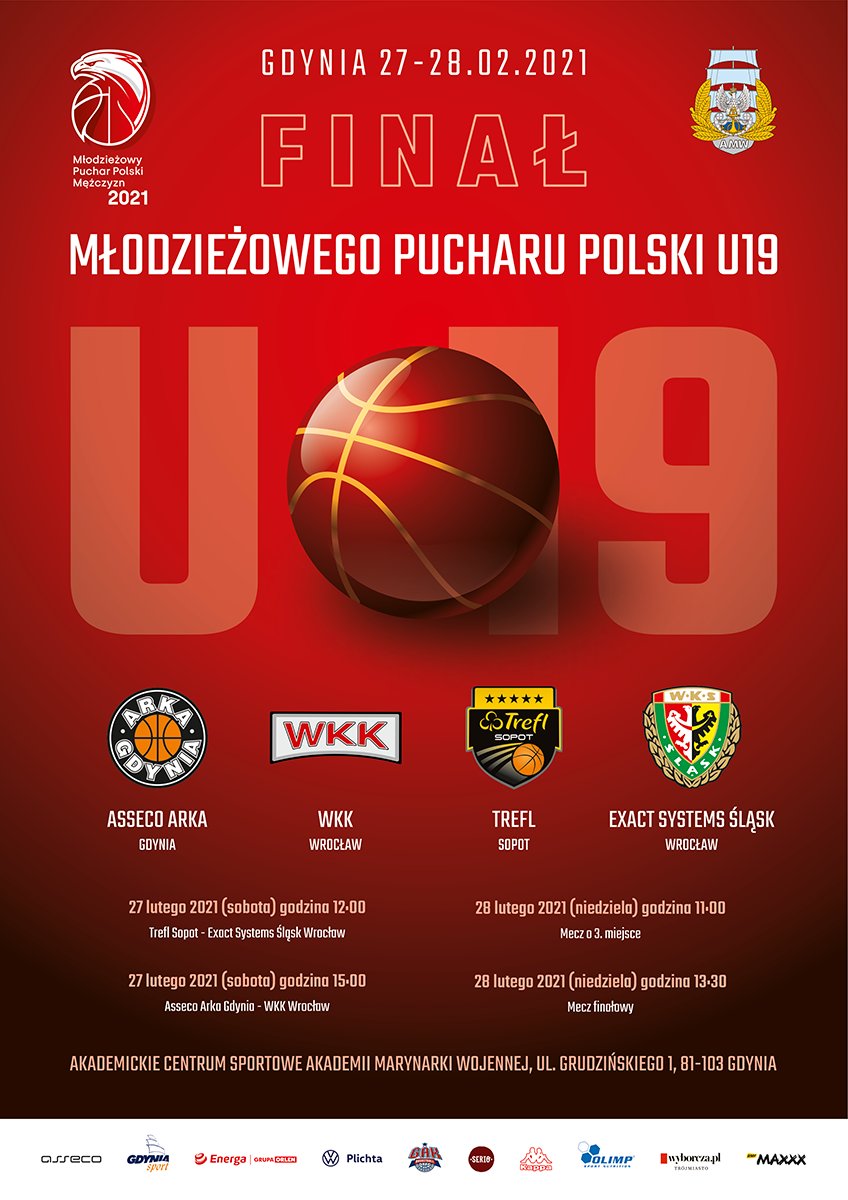Plakat wydarzenia zawierający czerwoną piłkę na tle napisu U19 oraz logo 4 klubów biorących udział w zawodach wraz terminami spotkań
