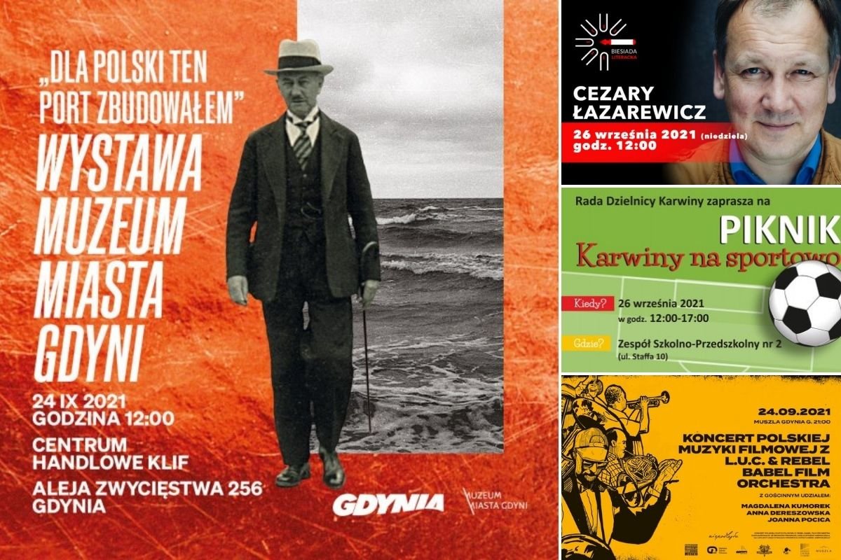 Kolaż zdjęć, od lewego zgodnie z ruchem wskazówek zegara: wystawa Muzeum Miasta Gdyni w Galerii Klif, Biesiada Literacka z Cezarym Łazarewiczem, piknik Karwiny na sportowo, Koncert Polskiej Muzyki Filmowej. // Źródło: materiały prasowe organizatorów