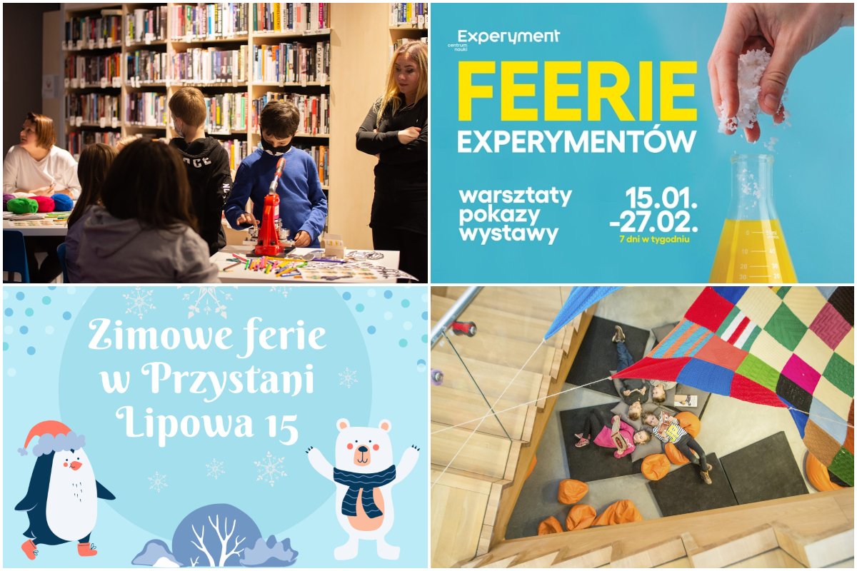 Kolaż zdjęć, od lewego górnego zgodnie z zegarem: ferie w Bibliotece Gdynia; Feerie Experymentów; ferie w Muzeum Miasta Gdyni; Zimowe ferie w Przystani Lipowa 15. Źródło: materiały promocyjne organizatorów 