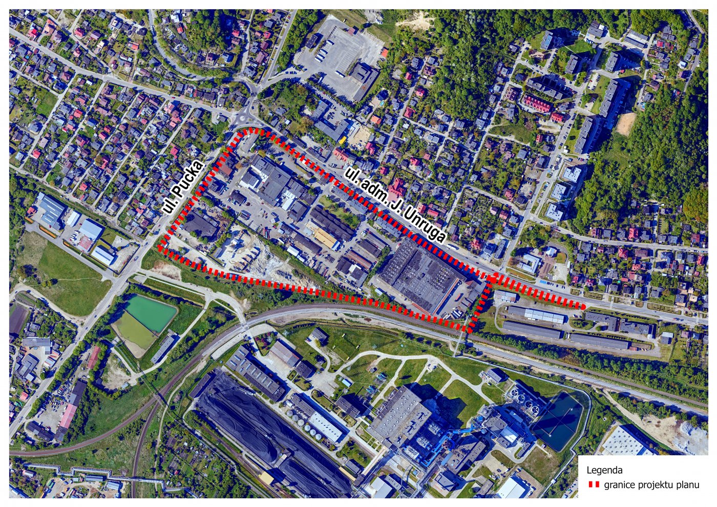 Fragment mapy Gdyni z zaznaczonym czerwoną, przerywaną linią fragmentem dzielnicy Pogórze