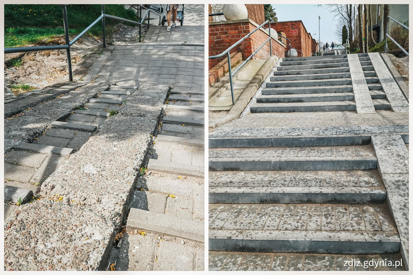 kolaż zdjęć, z lewej strony widoczne schody przed remontem, z prawej strony schody po remoncie, nowa nawierzchnia