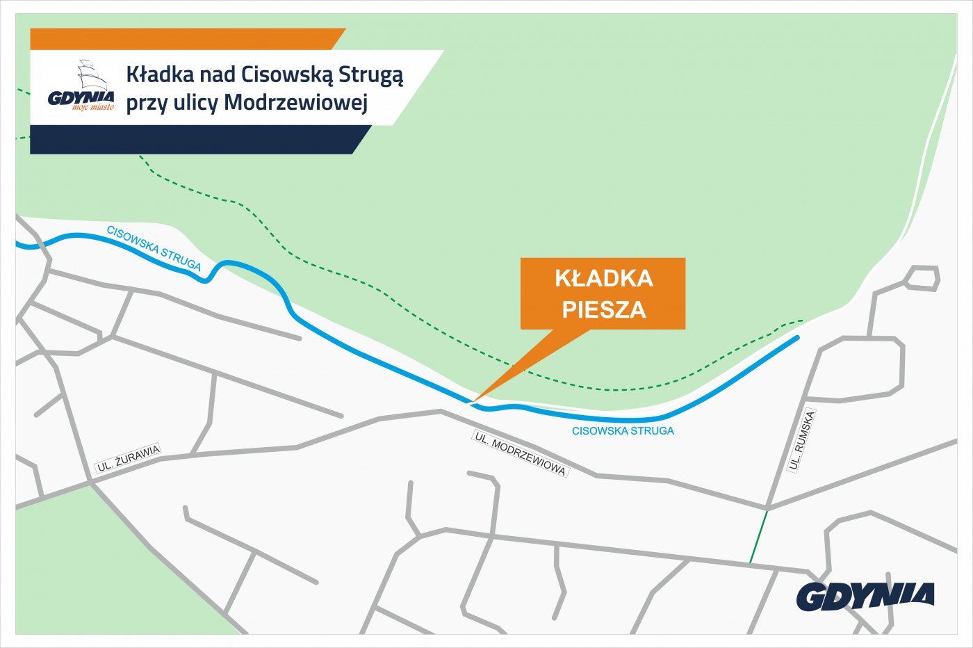 Lokalizacja kładki pieszej, która ma powstać na Cisowskiej Strudze // mat.pras. #dzielnicewGdyni