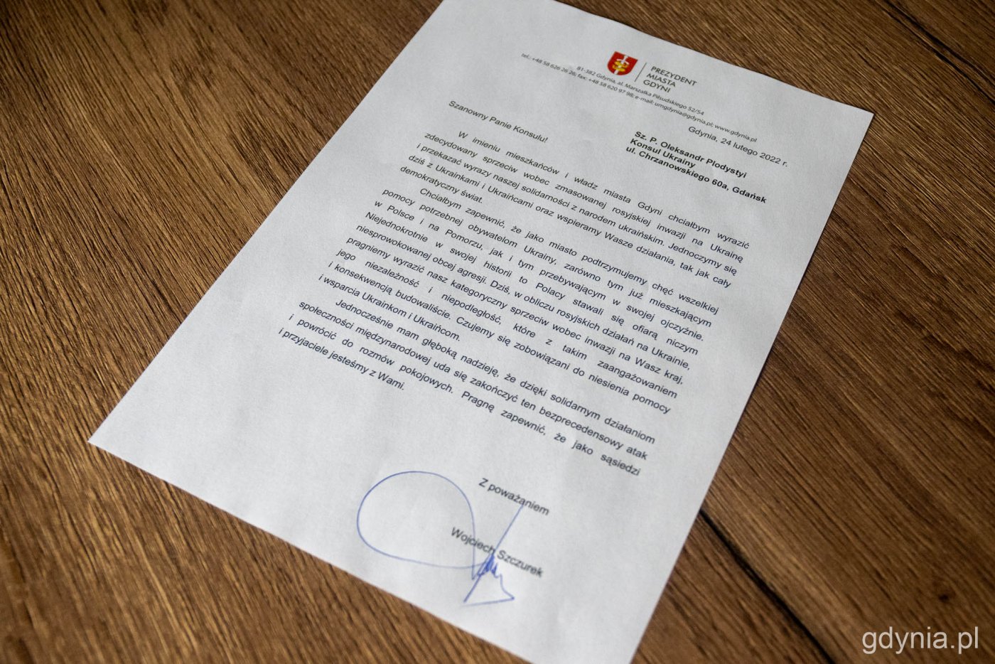 Prezydent Gdyni wystosował list ze słowami wsparcia do Konsula Ukrainy w Gdańsku, fot. Paweł Kukla