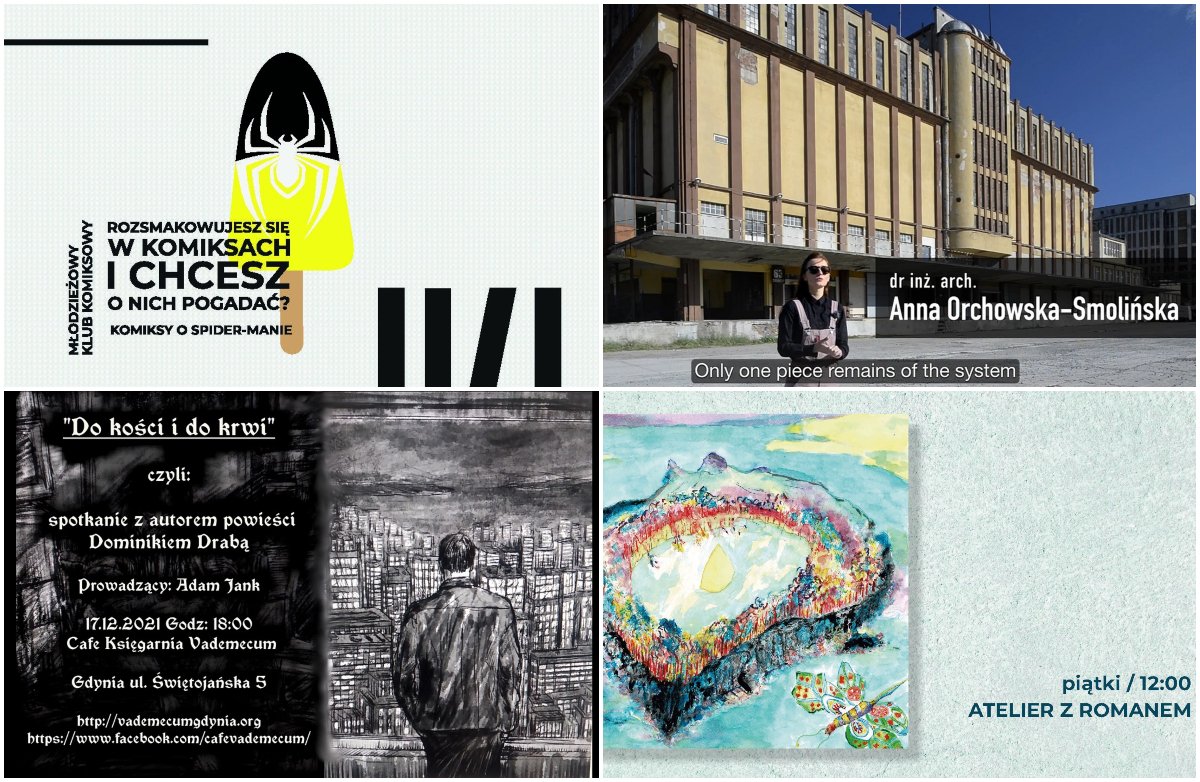 Kolaż zdjęć, od lewego górnego zgdonie z zegarem: spotkanie Młodzieżowego Klubu Komiksowego; filmy o architekturze modernistycznej Portu Morskiego Gdynia; Atelier z Romanem w Bibliotece Gdynia; spotkanie autorskie z Dominikiem Drabą. Źródło: materiały promocyjne 